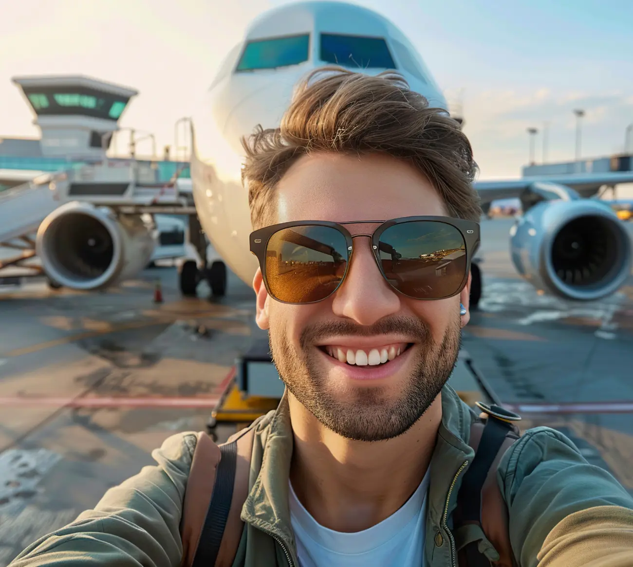 A joyful young man poses against an airplane background