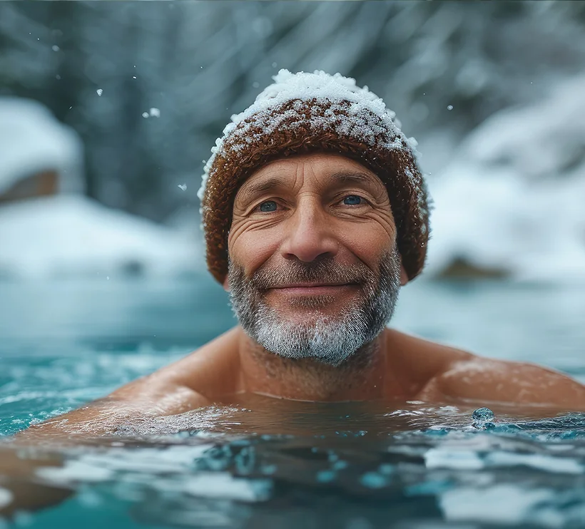 senior man enjoying hot spring in the winter